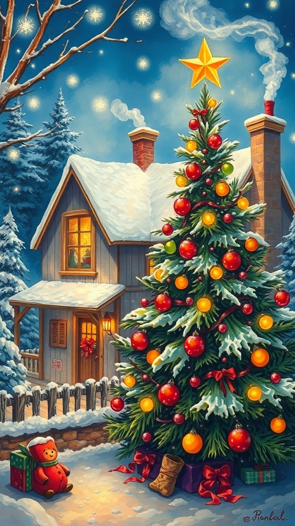 A festive Christmas painting of a decorated tree and winter landscape.